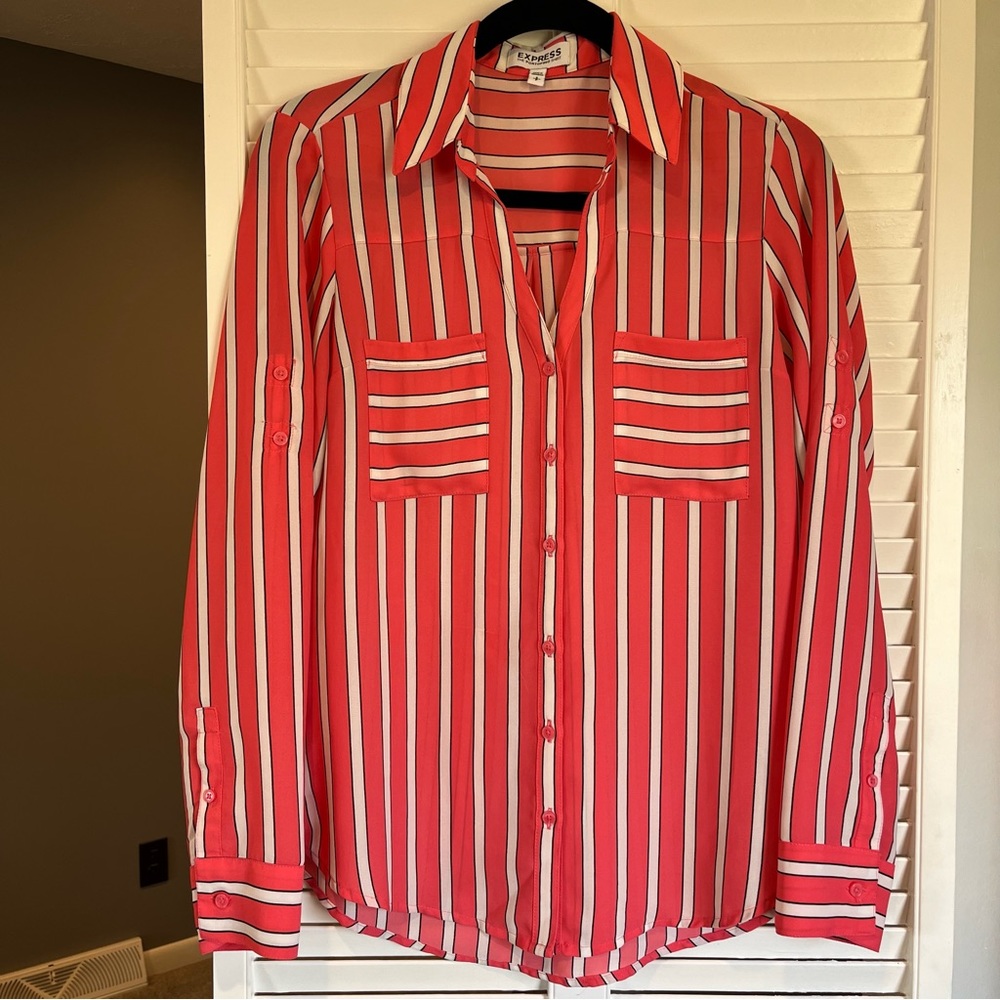 Express Womens Portofino Shirt Stripe Roll Tab Sleeve Pockets
